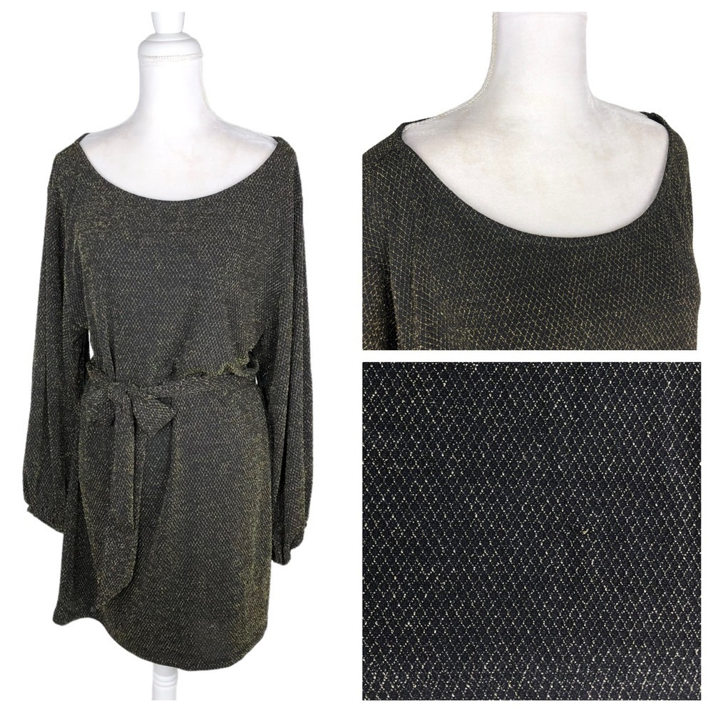 NBD black gold long-sleeve belted Ripley dress off the shoulder medium